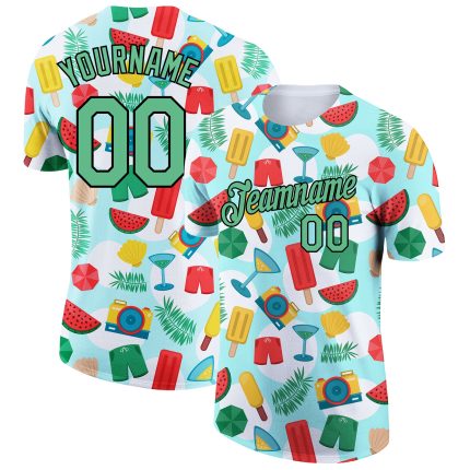 Custom Name and Number Summer Holiday T-Shirt for Team - Personalized 3D Pattern Design in White Pea Green-Black Personalized