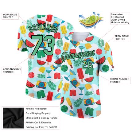 Custom Name and Number Summer Holiday T-Shirt for Team - Personalized 3D Pattern Design in White Pea Green-Black Personalized