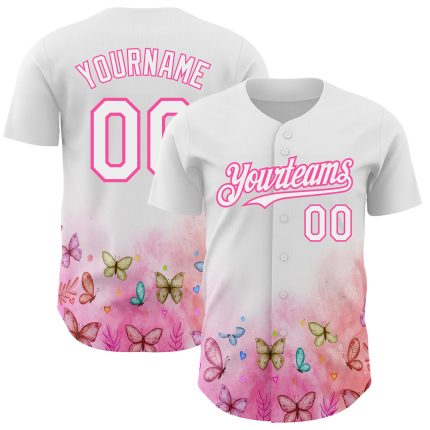 Custom 3D Butterfly Design Baseball Jersey in White and Pink - Authentic Style Personalized White Pink 3D Pattern Design