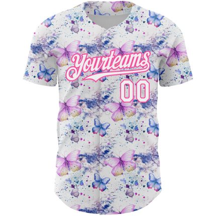 Custom Name and Number Baseball Jersey with Personalized White Pink Butterfly 3D Pattern Design Personalized White Pink 3D