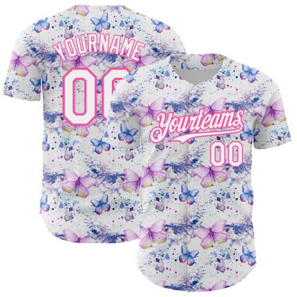 Custom Name and Number Baseball Jersey with Personalized White Pink Butterfly 3D Pattern Design Personalized White Pink 3D