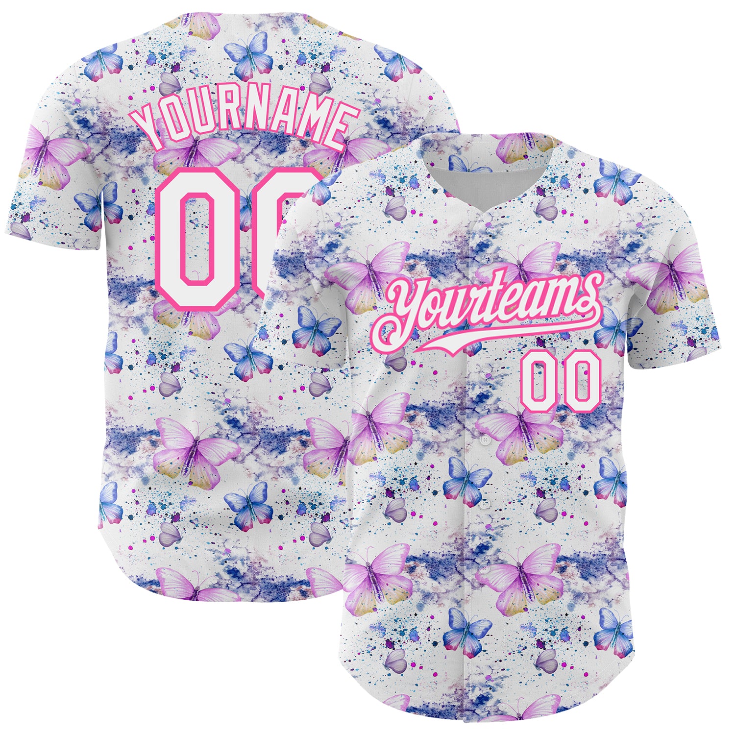 Custom Name and Number Baseball Jersey with Personalized White Pink Butterfly 3D Pattern Design Personalized White Pink 3D