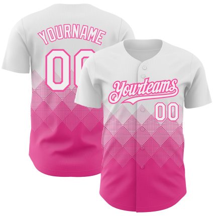 Custom Name and Number Authentic Baseball Jersey - Personalized White Pink 3D Gradient Square Pattern Design Personalized