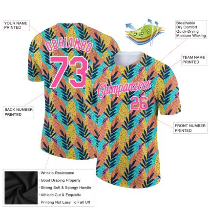 Custom Tropical Palm Leaf Performance T-Shirt with Personalized Name and Number - White Pink 3D Pattern Design Personalized