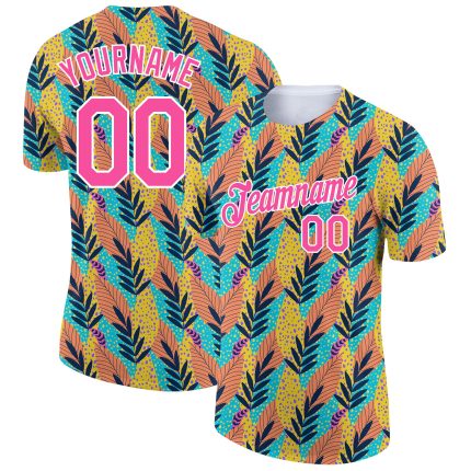 Custom Tropical Palm Leaf Performance T-Shirt with Personalized Name and Number - White Pink 3D Pattern Design Personalized