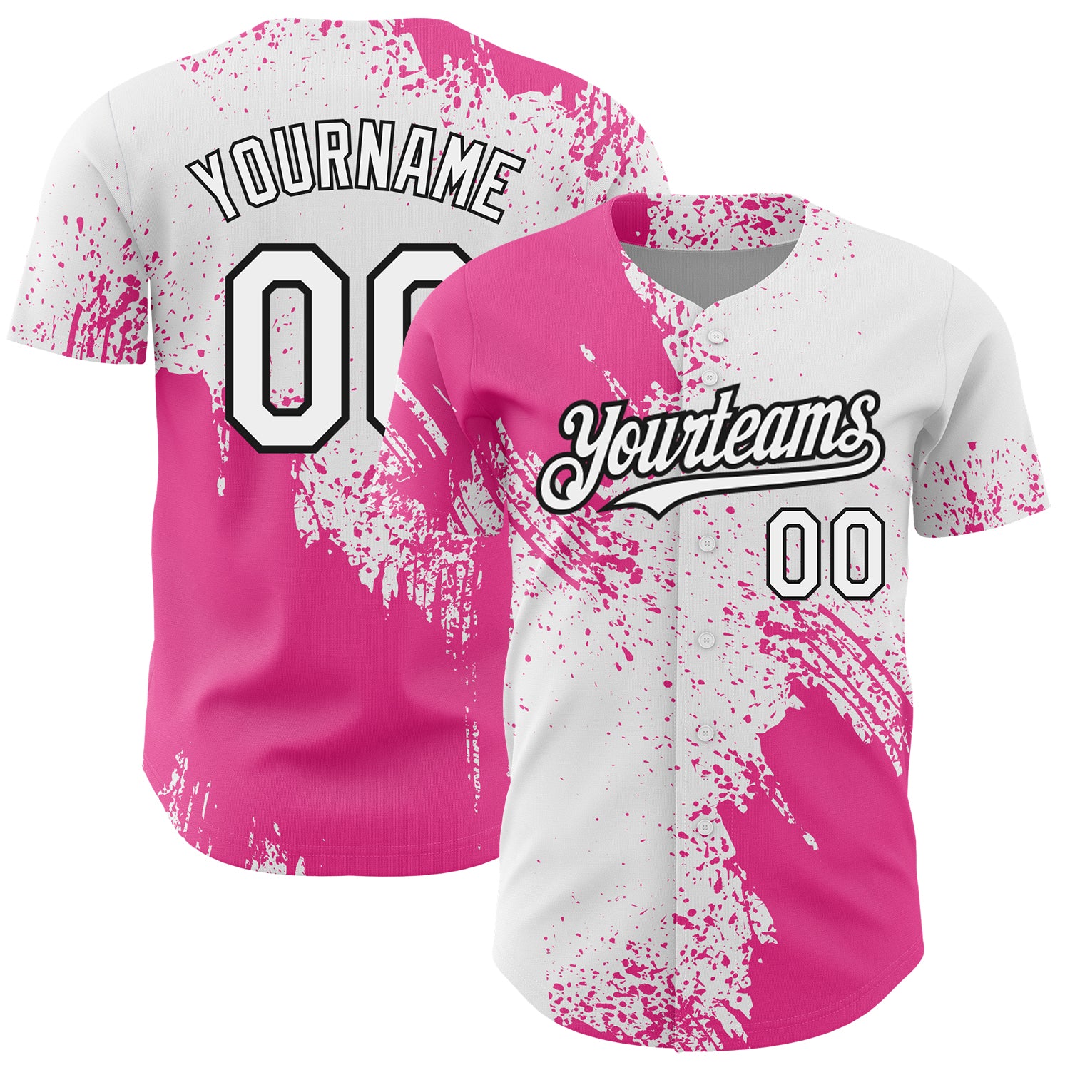 Custom Name and Number Personalized 3D Pattern Baseball Jersey - White Pink Black Abstract Brush Stroke Design Personalized