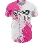 Custom Name and Number Personalized 3D Pattern Baseball Jersey - White Pink Black Abstract Brush Stroke Design Personalized
