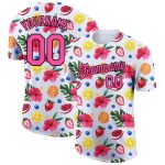 Custom Name Number T-Shirt for Summer Holidays, Personalized 3D Fruit Flower Design in White Pink-Black - Team Performance Apparel