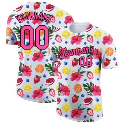 Custom Name Number T-Shirt for Summer Holidays, Personalized 3D Fruit Flower Design in White Pink-Black - Team Performance Apparel