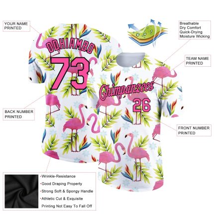 Personalized Flamingo T-Shirt with 3D Tropical Hawaii Pattern in White Pink-Black Performance Fabric Personalized White Pink-Black