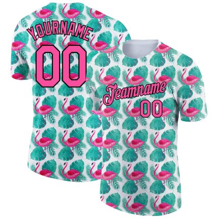 Custom Hawaii Flamingo Performance T-Shirt with 3D Pink-Black Tropical Design, Team Name & Number, Personalized Apparel Personalized