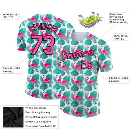 Custom Hawaii Flamingo Performance T-Shirt with 3D Pink-Black Tropical Design, Team Name & Number, Personalized Apparel Personalized