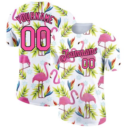 Personalized Flamingo T-Shirt with 3D Tropical Hawaii Pattern in White Pink-Black Performance Fabric Personalized White Pink-Black