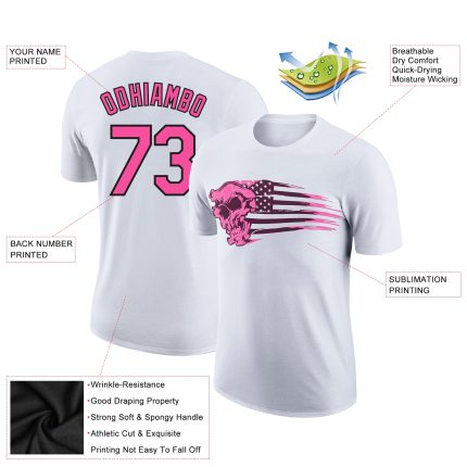 Custom Name & Number 3D Skull with American Flag Performance T-Shirt in White, Pink & Black Personalized White Pink-Black