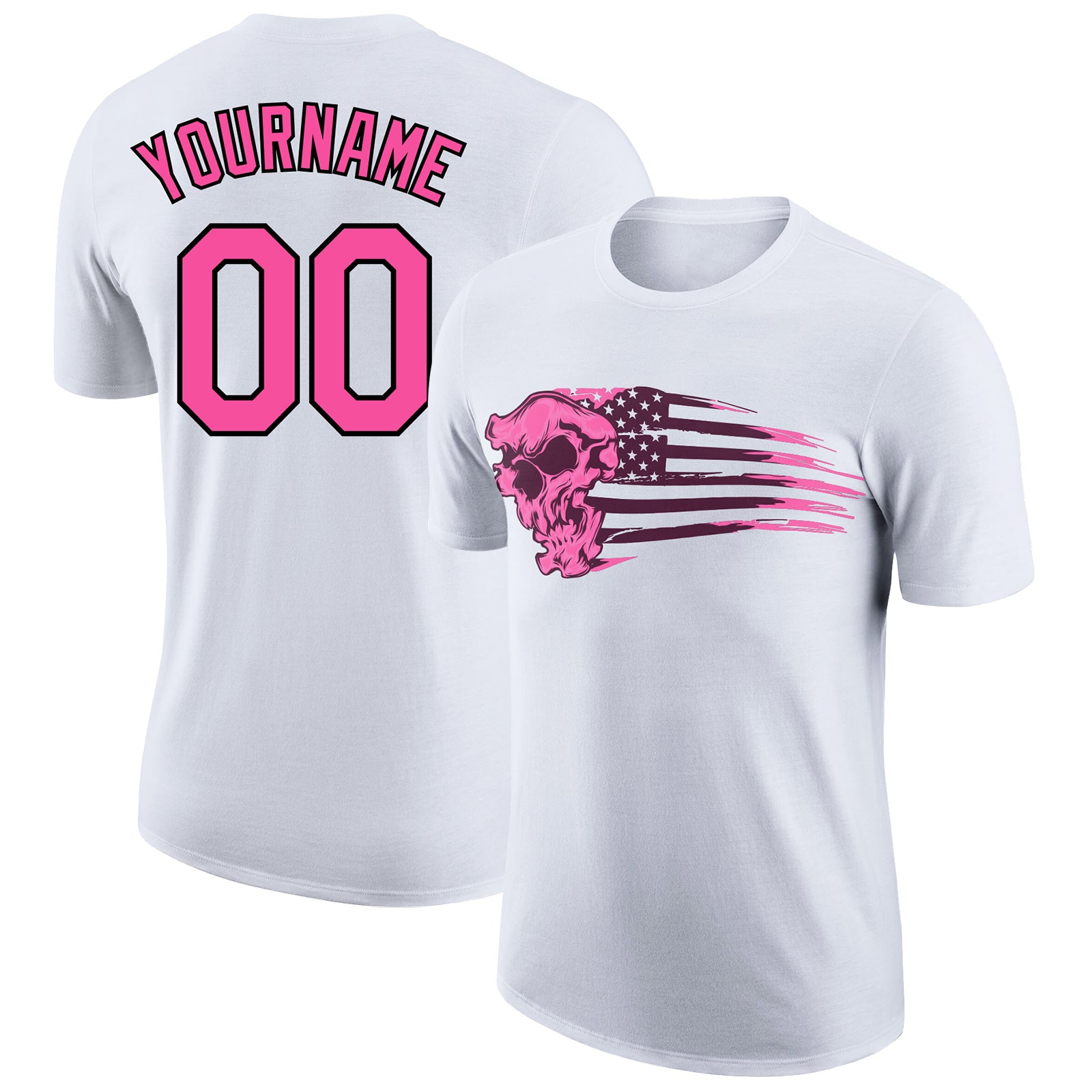 Custom Name & Number 3D Skull with American Flag Performance T-Shirt in White, Pink & Black Personalized White Pink-Black