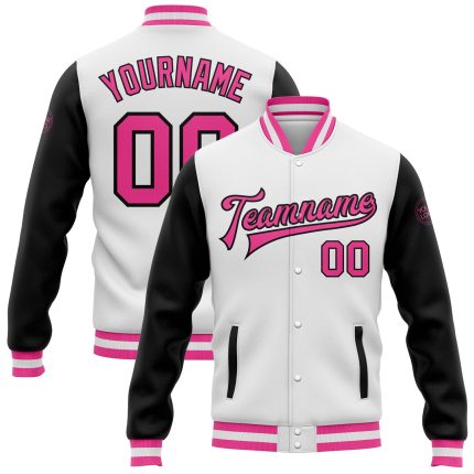 Custom Two Tone Bomber Varsity Jacket with Personalized Name and Number - White Pink and Black Full-Snap Design Personalized