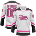 Custom Name and Number Personalized Hockey Jersey - White Pink Black Lace Neck Design Personalized White Pink-Black Hockey