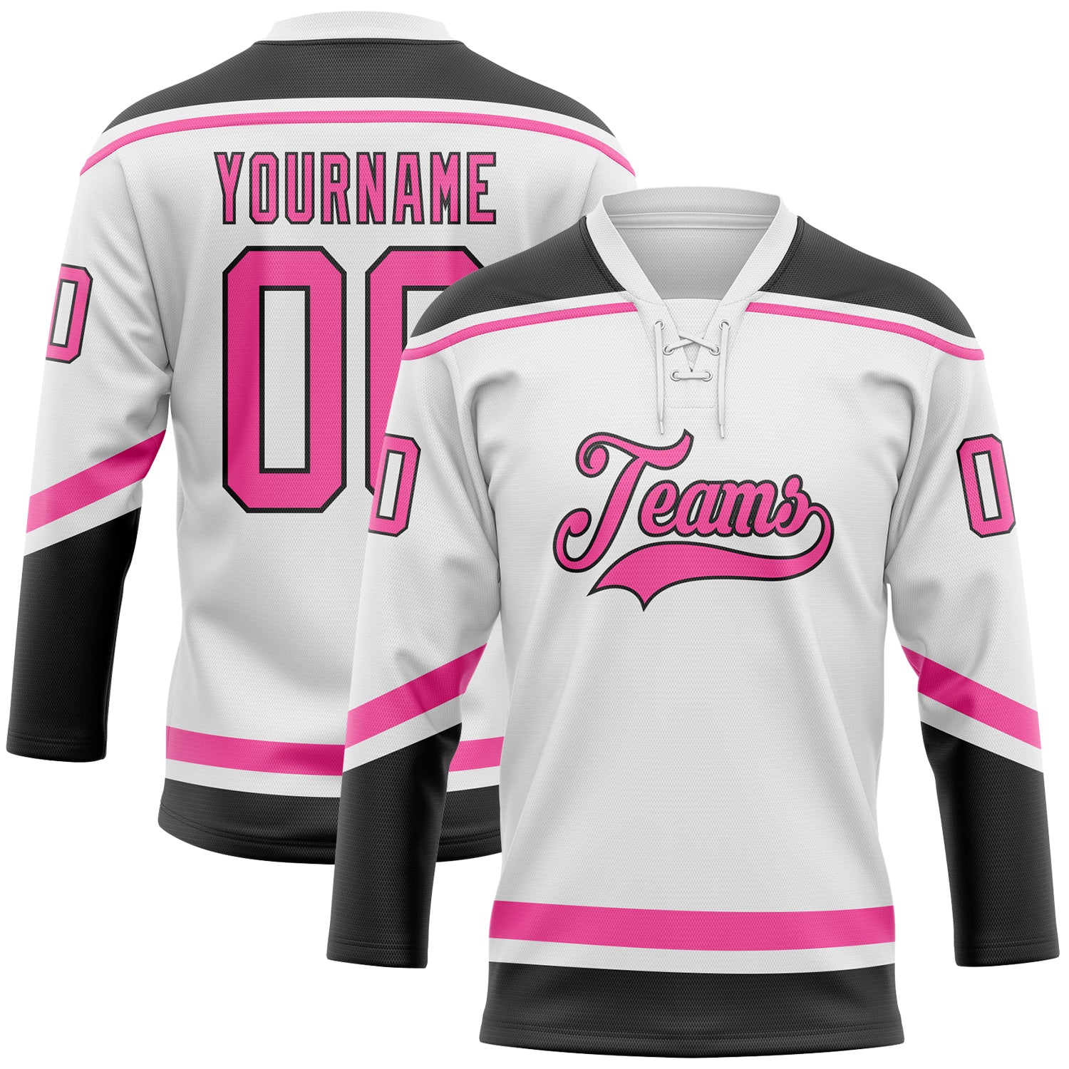 Custom Name and Number Personalized Hockey Jersey - White Pink Black Lace Neck Design Personalized White Pink-Black Hockey
