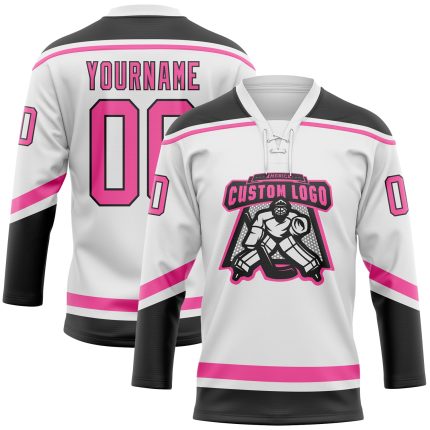 Custom Name and Number Personalized Hockey Jersey - White Pink Black Lace Neck Design Personalized White Pink-Black Hockey