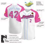 Custom Baseball Jersey with Personalized Name and Number in White, Pink, Black and Light Blue Raglan Sleeves Personalized