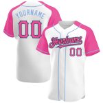 Custom Baseball Jersey with Personalized Name and Number in White, Pink, Black and Light Blue Raglan Sleeves Personalized