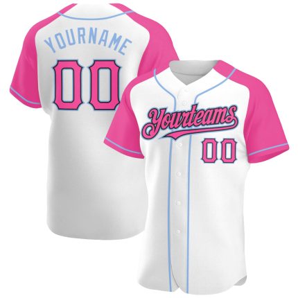 Custom Baseball Jersey with Personalized Name and Number in White, Pink, Black and Light Blue Raglan Sleeves Personalized