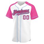 Custom Baseball Jersey with Personalized Name and Number in White, Pink, Black and Light Blue Raglan Sleeves Personalized
