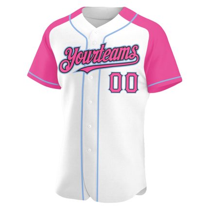 Custom Baseball Jersey with Personalized Name and Number in White, Pink, Black and Light Blue Raglan Sleeves Personalized