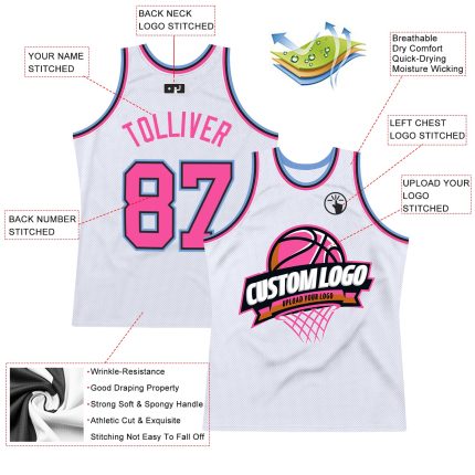Custom Name Number Authentic Throwback Basketball Jersey - Personalized White Pink Black-Light Blue Team Jersey Personalized