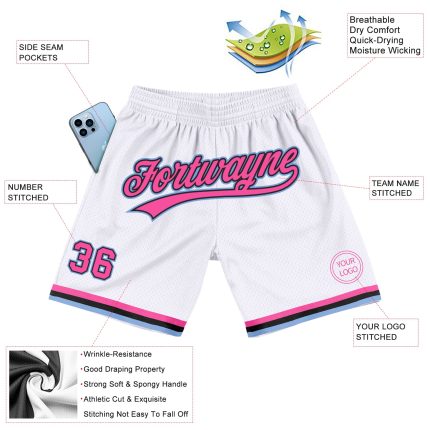 Custom Team Basketball Shorts with Name and Number - Personalized White Pink Black-Light Blue Authentic Throwback Personalized