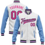 Custom Name Number Varsity Letterman Jacket Two Tone White Pink Black Light Blue Bomber Full-Snap Design Personalized White