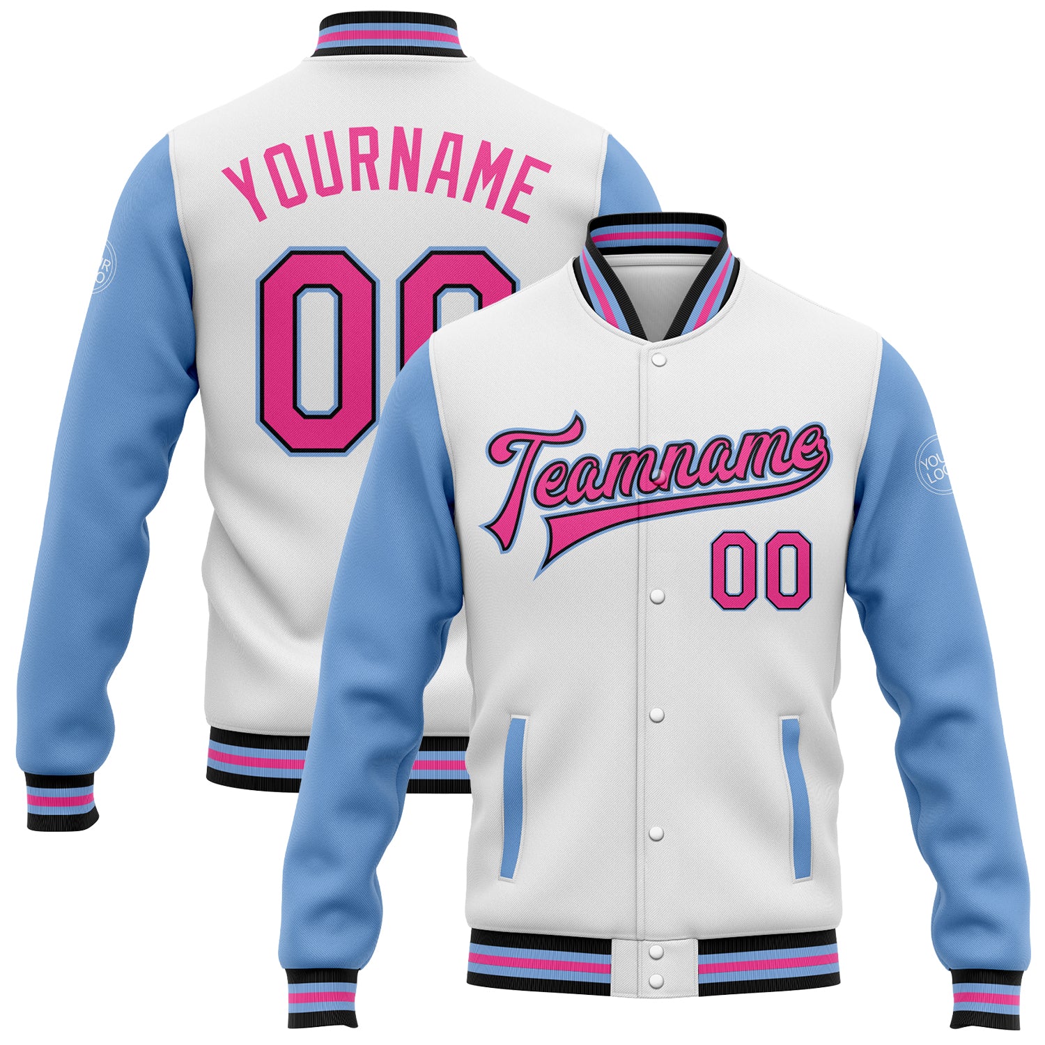 Custom Name Number Varsity Letterman Jacket Two Tone White Pink Black Light Blue Bomber Full-Snap Design Personalized White