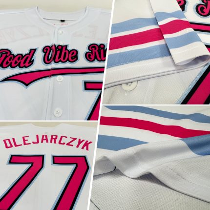 Custom Authentic Baseball Jersey - Personalized White Pink Black Light Blue Line with Name and Number Personalized White