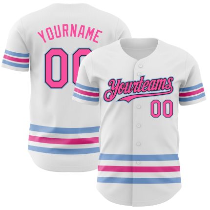 Custom Authentic Baseball Jersey - Personalized White Pink Black Light Blue Line with Name and Number Personalized White