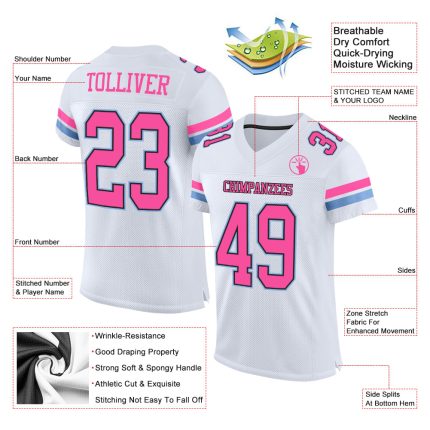 Personalized Authentic Football Jersey in White Pink Black Light Blue Mesh Personalized White Pink Black-Light Blue Mesh