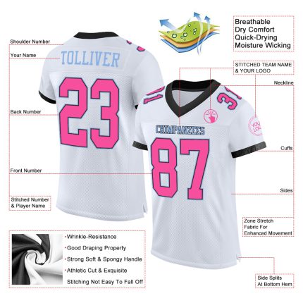 Custom Authentic Football Jersey Mesh - Personalized White Black Light Blue with Team Name & Number Personalized White Pink