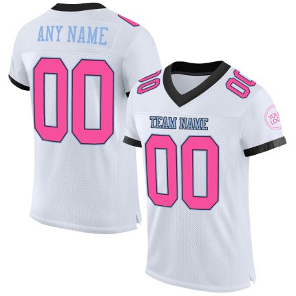 Custom Authentic Football Jersey Mesh - Personalized White Black Light Blue with Team Name & Number Personalized White Pink