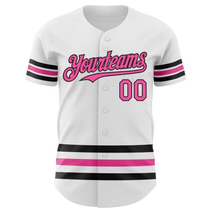 Custom Name and Number Authentic Baseball Jersey - Personalized White Pink-Black Line Design Personalized White Pink-Black