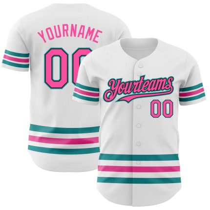 Custom Name and Number Authentic Baseball Jersey - Personalized White Pink Black Teal Design Personalized White Pink Black-Teal