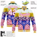 Custom Name and Number Personalized Heron 3D Pattern Bomber Varsity Jacket in White Pink-Gold Full-Snap Design Personalized