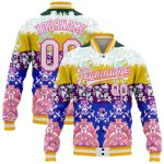 Custom Name and Number Personalized Heron 3D Pattern Bomber Varsity Jacket in White Pink-Gold Full-Snap Design Personalized