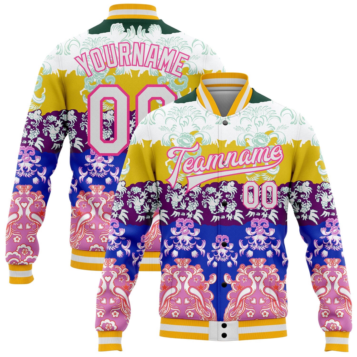 Custom Name and Number Personalized Heron 3D Pattern Bomber Varsity Jacket in White Pink-Gold Full-Snap Design Personalized