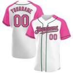 Custom Name & Number Authentic Baseball Jersey - Personalized White Pink-Green Raglan Sleeves Team Apparel Personalized White