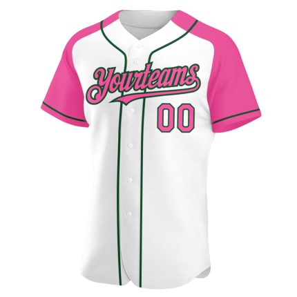 Custom Name & Number Authentic Baseball Jersey - Personalized White Pink-Green Raglan Sleeves Team Apparel Personalized White