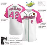 Custom Name & Number Authentic Baseball Jersey - Personalized White Pink-Green Raglan Sleeves Team Apparel Personalized White
