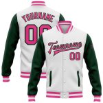 Custom Two Tone Varsity Letterman Jacket with Personalized Name and Number - White Pink Green Bomber Style Personalized White
