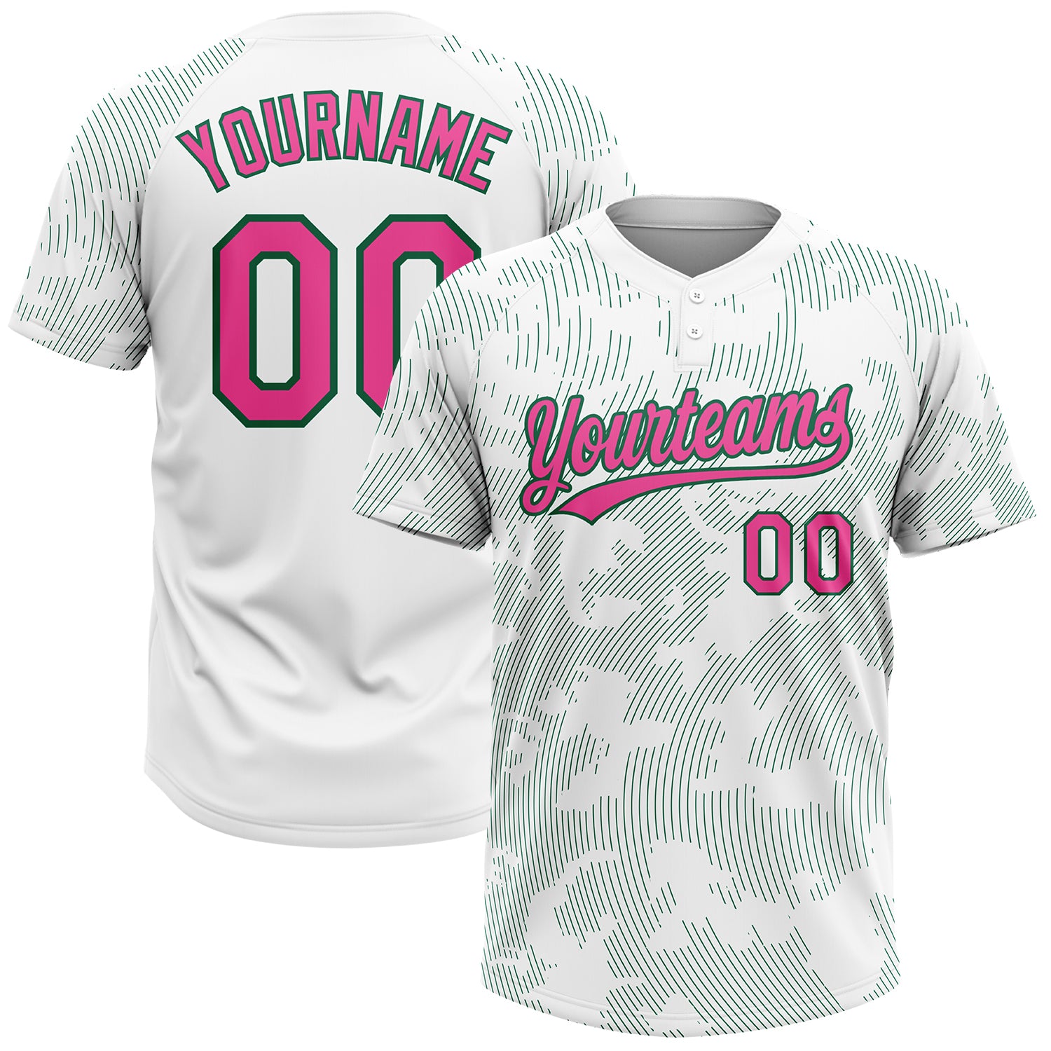 Custom Name and Number Unisex Softball Jersey, Personalized 3D Pattern Curve Lines in White, Pink, Kelly Green - Two-Button Design