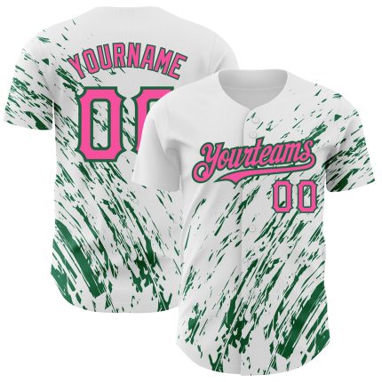 Custom Name and Number 3D Pattern Baseball Jersey - Personalized White Pink Kelly Green Abstract Design Personalized White