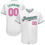 Custom Name and Number Personalized Baseball Jersey White Pink and Kelly Green - Authentic Team Apparel Personalized White