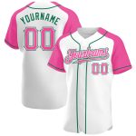 Custom Name and Number Baseball Jersey - Personalized White Pink and Kelly Green Authentic Raglan Sleeves Personalized White